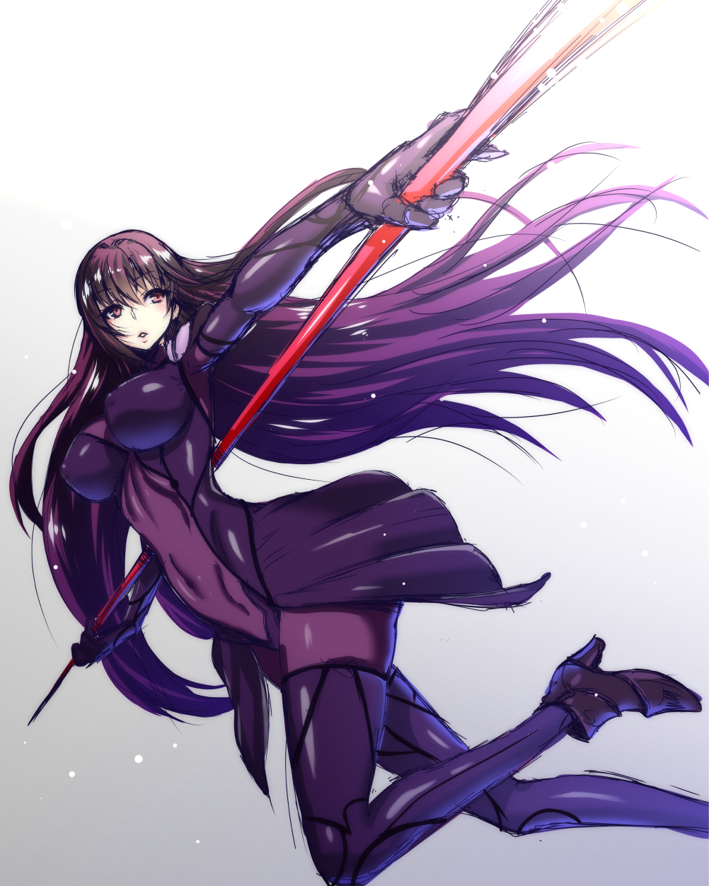 1girl armor bodysuit breasts covered_navel fate/grand_order fate_(series) gae_bolg highres holding holding_weapon large_breasts long_hair pauldrons polearm purple_bodysuit purple_hair red_eyes scathach_(fate/grand_order) shoulder_armor solo spear weapon yamada_gogogo
