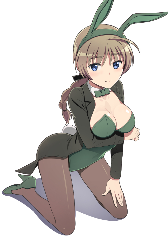 1girl animal_ears blue_eyes bow bowtie braid breasts brown_hair brown_legwear bunny_tail bunnysuit cleavage coattails detached_collar green_jacket green_leotard jacket kneeling leotard looking_at_viewer lynette_bishop nanashino pantyhose rabbit_ears simple_background single_braid smile solo strapless strapless_leotard strike_witches tail tailcoat white_background world_witches_series wrist_cuffs