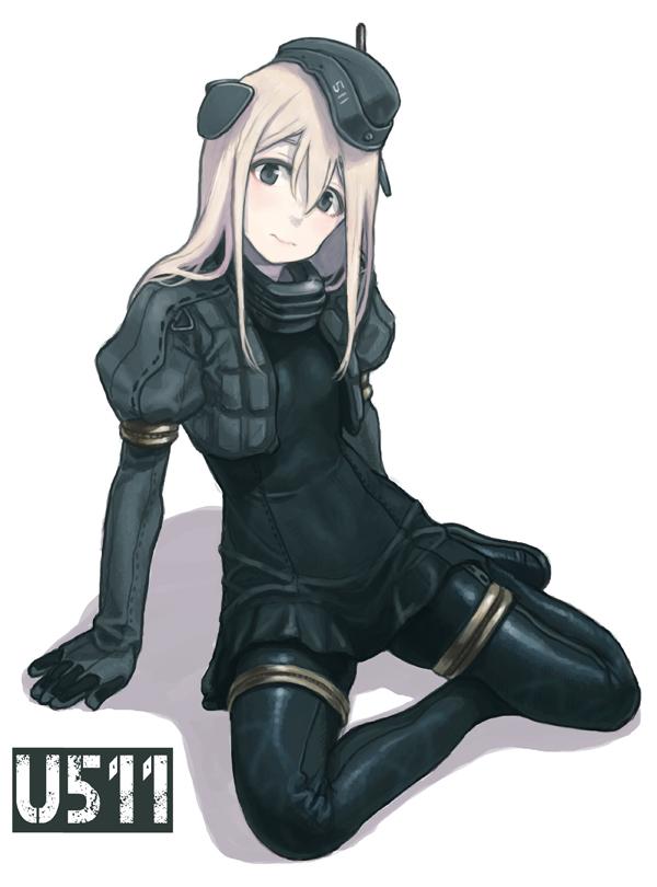 1girl blonde_hair commentary_request elbow_gloves garrison_cap gloves grey_eyes gufu6 hair_between_eyes hat jacket kantai_collection long_hair long_sleeves shadow sitting solo u-511_(kantai_collection) wetsuit white_background