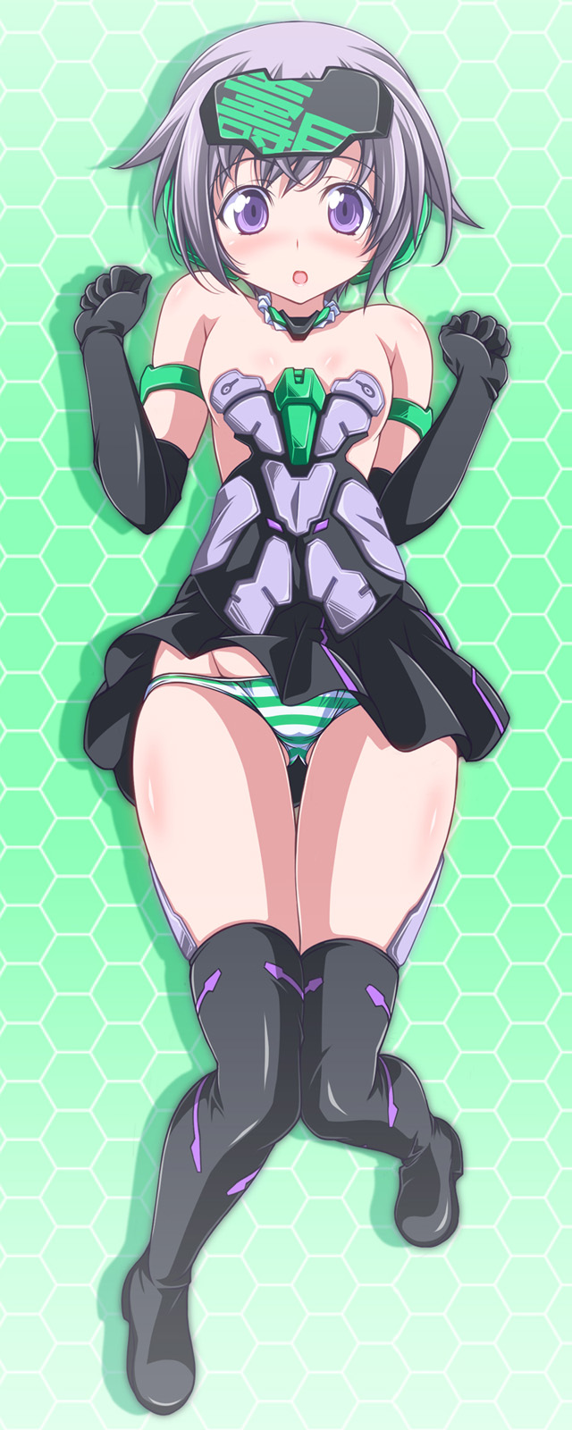 1girl armlet bangs black_boots black_dress blue_eyes boots choker dress elbow_gloves frame_arms_girl from_above full_body gloves gluteal_fold gourai green_background green_panties headgear highres kikuchi_tsutomu knees_together_feet_apart looking_at_viewer lying on_back open_mouth panties short_dress short_hair silver_hair solo strapless strapless_dress striped striped_panties thigh-highs thigh_boots thigh_gap underwear w_arms