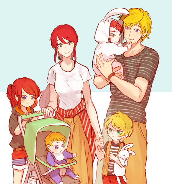 3boys 3girls baby bib blonde_hair blue_eyes carriage child chuu couple family good_end green_eyes half_updo if_they_mated jaune_arc long_hair looking_at_another multiple_boys multiple_girls onesie open_clothes open_vest ponytail pyrrha_nikos redhead rwby shirt shorts smile striped striped_shirt stuffed_animal stuffed_bunny stuffed_toy sweatdrop vest
