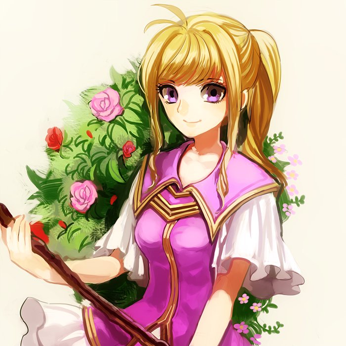 1girl 2900cm blonde_hair bush clarine european_clothes fire_emblem fire_emblem:_fuuin_no_tsurugi floral_background flower holding looking_at_viewer ponytail skirt smile staff