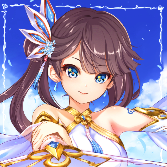 1girl bare_shoulders blue_eyes brown_hair catbell earrings jewelry long_hair looking_at_viewer sky smile solo