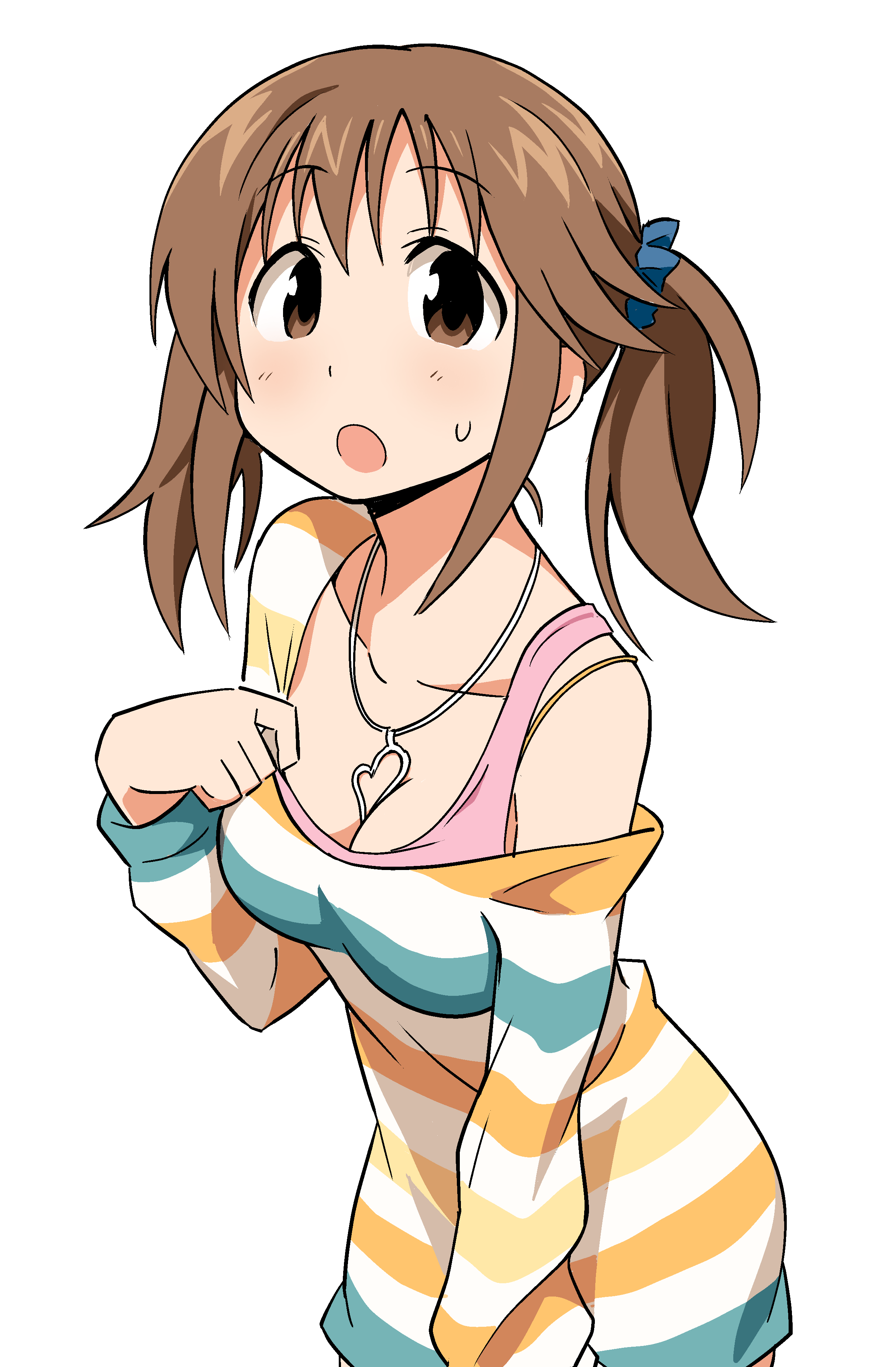 1girl absurdres anbe_masahiro bra breasts brown_eyes brown_hair cleavage collar_tug highres hori_yuuko idolmaster idolmaster_cinderella_girls jewelry long_sleeves looking_at_viewer medium_breasts multicolored multicolored_shirt multicolored_stripes necklace off_shoulder open_mouth pink_bra ponytail scrunchie shirt short_hair simple_background solo standing striped striped_shirt sweat underwear upper_body white_background