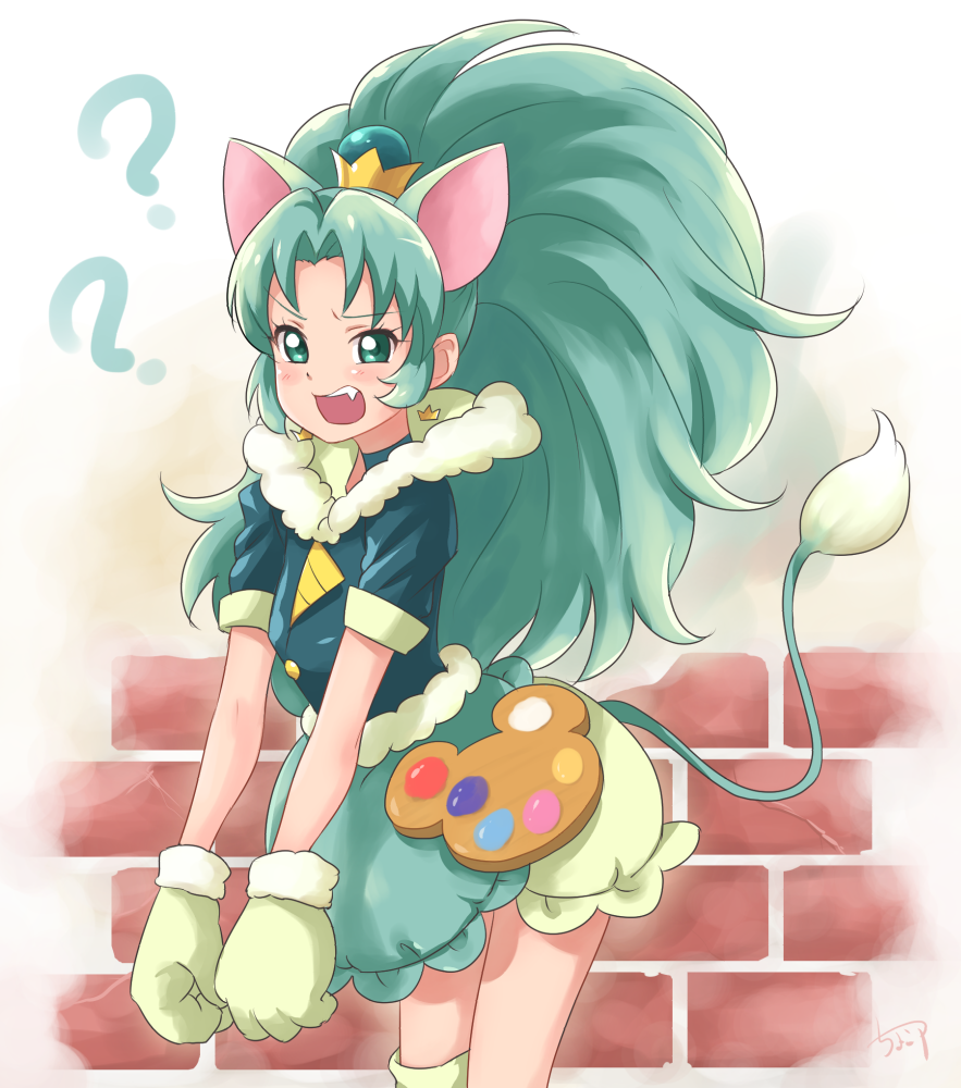 1girl ? alternate_color animal_ears chocokin choker cure_gelato earrings extra_ears fang food_themed_hair_ornament gloves green_eyes green_gloves green_hair hair_ornament jewelry kirakira_precure_a_la_mode lion_ears lion_tail long_hair looking_at_viewer magical_girl open_mouth ponytail precure short_sleeves solo tail tategami_aoi