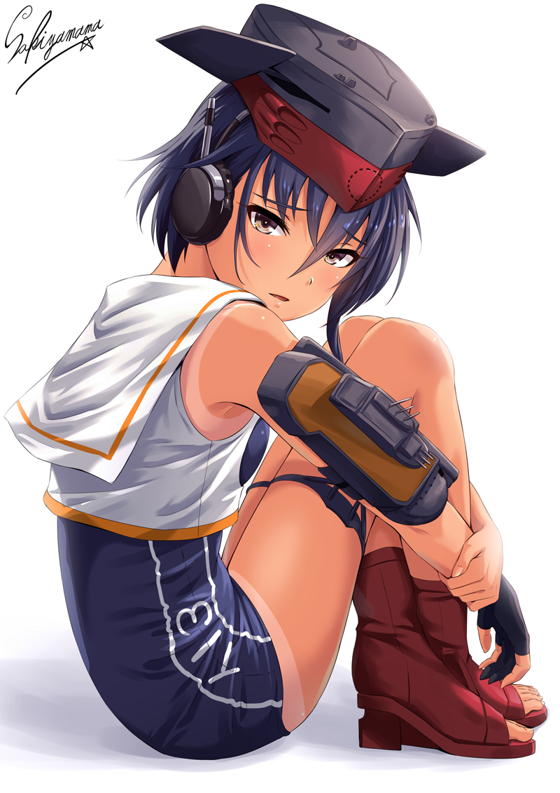 1girl ankle_boots armlet artist_name blue_hair blue_swimsuit blush boots breasts brown_eyes character_name clothes_writing crop_top crossed_ankles eyebrows_visible_through_hair framed_breasts from_side full_body gloves hair_between_eyes hat headset i-13_(kantai_collection) kantai_collection knees_up legs_together looking_at_viewer looking_to_the_side machinery no_socks one-piece_swimsuit open_mouth parted_lips partly_fingerless_gloves red_boots sailor_collar sakiyamama school_swimsuit short_hair single_glove sitting small_breasts solo swimsuit tan tanline thigh_strap toeless_boots toeless_legwear toes turret