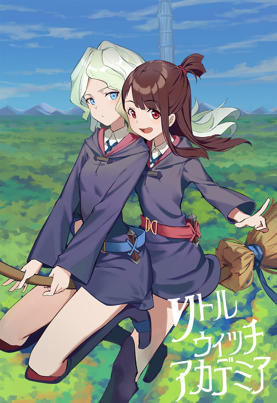 2girls :d black_hair blonde_hair blue_eyes broom broom_riding copyright_name diana_cavendish flying highres huanxiang_heitu kagari_atsuko little_witch_academia multiple_girls open_mouth pointing red_eyes smile