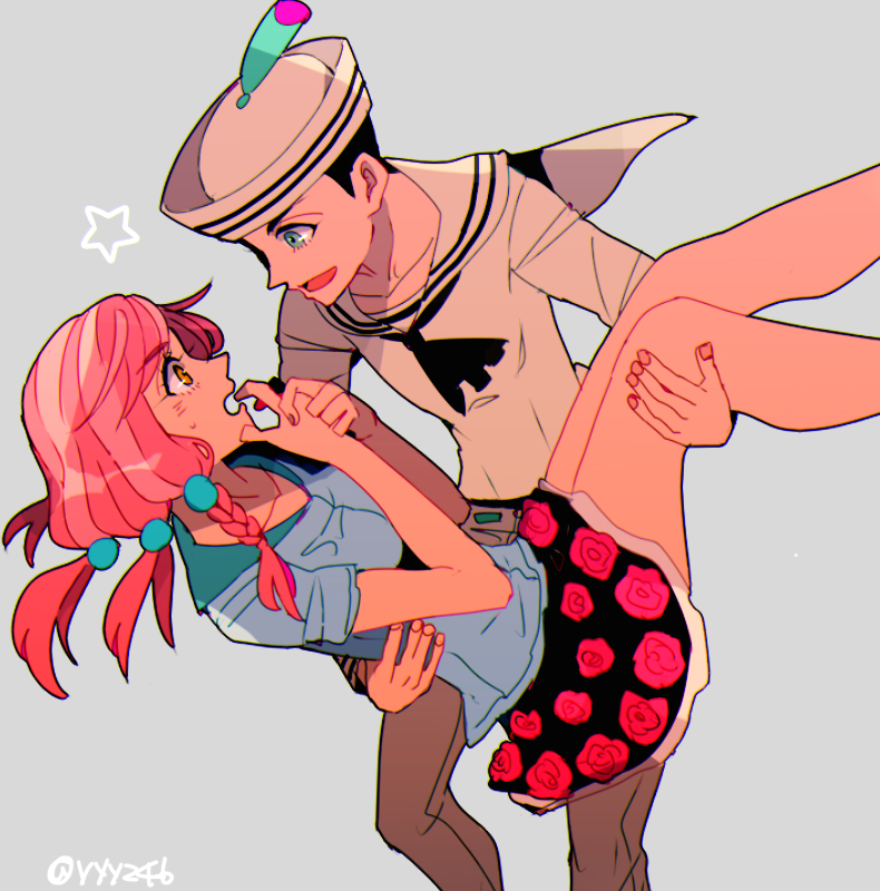1boy 1girl blouse blue_eyes braid carrying cowboy_shot dixie_cup_hat flower grey_background hair_bobbles hair_ornament hands_together hat higashikata_jousuke_(jojolion) hirose_yasuho jojo_no_kimyou_na_bouken jojolion looking_at_another military_hat open_mouth pants pink_hair princess_carry sailor sailor_collar short_hair side_braid simple_background skirt surprised sweatdrop twitter_username yellow_eyes yyy246