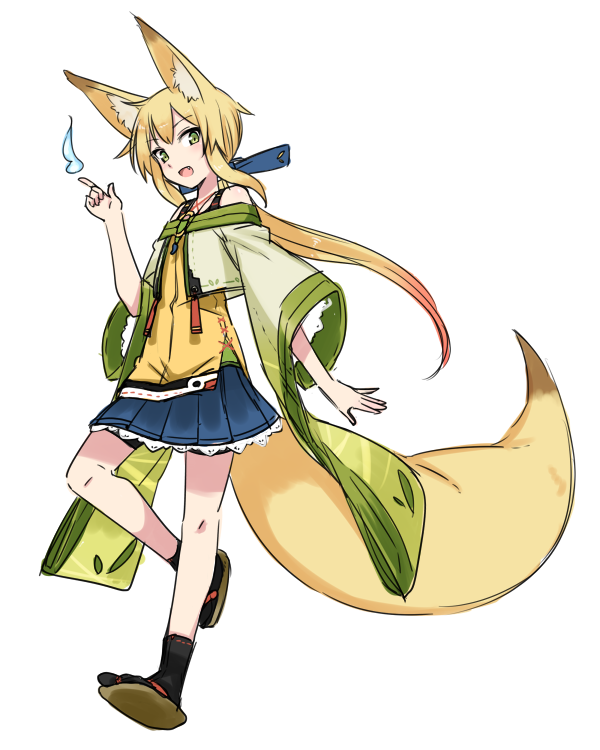 1girl animal_ears bangs bike_shorts black_legwear blonde_hair blue_fire blue_skirt eyebrows_visible_through_hair fang fire fox_ears fox_tail full_body green_eyes hand_up index_finger_raised japanese_clothes long_hair looking_at_viewer open_mouth original pleated_skirt ponytail ryuusei_(ryuuseiseikou) sandals shorts_under_skirt sidelocks simple_background skirt smile socks solo standing standing_on_one_leg tail tamakagura_inari white_background wide_sleeves