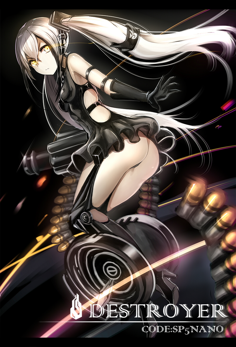 1girl ammunition_belt ass bangs black_background black_boots black_gloves boots breasts character_name character_request closed_mouth crossed_bangs erect_nipples from_side girls_frontline gloves grenade_launcher hair_between_eyes hair_ornament hair_tubes high_heel_boots high_heels letterboxed looking_at_viewer looking_back luse_maonang side_ponytail silver_hair small_breasts solo thigh-highs thigh_boots thighs weapon white_hair yellow_eyes