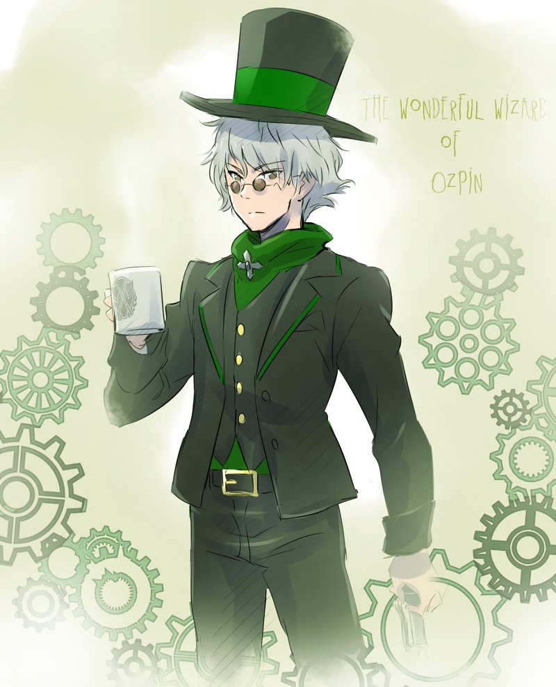 1boy coffee_mug color_connection commentary_request english gears glasses grey_hair hat iesupa namesake professor_ozpin rwby the_wizard_of_oz top_hat