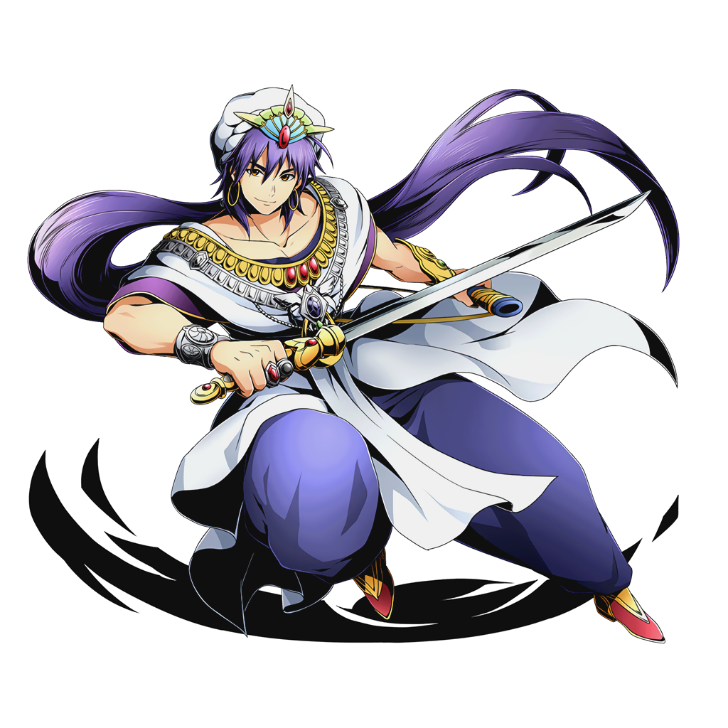 1boy bracelet brown_eyes collarbone divine_gate earrings full_body holding holding_sword holding_weapon jewelry long_hair looking_at_viewer magi_the_labyrinth_of_magic official_art ponytail purple_hair sheath sinbad_(magi) smile solo sword transparent_background ucmm unsheathed very_long_hair weapon