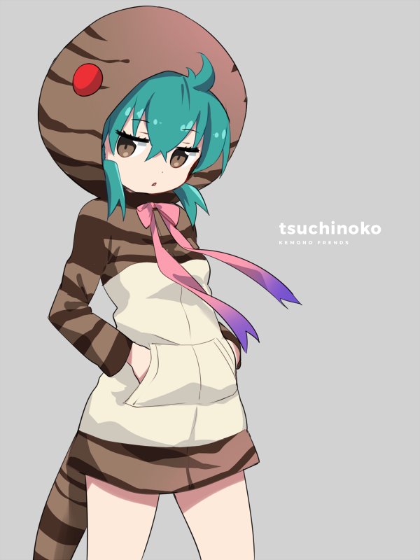 1girl ahoge aqua_hair bangs brown_eyes character_name commentary copyright_name cowboy_shot crossed_bangs dot_nose expressionless eyebrows_visible_through_hair eyelashes gradient_ribbon grey_background hair_between_eyes hands_in_pockets hood hoodie ica jitome kemono_friends long_sleeves multicolored multicolored_ribbon neck_ribbon no_legwear open_mouth pink_ribbon pocket purple_ribbon ribbon romaji sidelocks simple_background snake_tail solo striped striped_clothes striped_hoodie striped_tail tail triangle_mouth tsuchinoko_(kemono_friends)