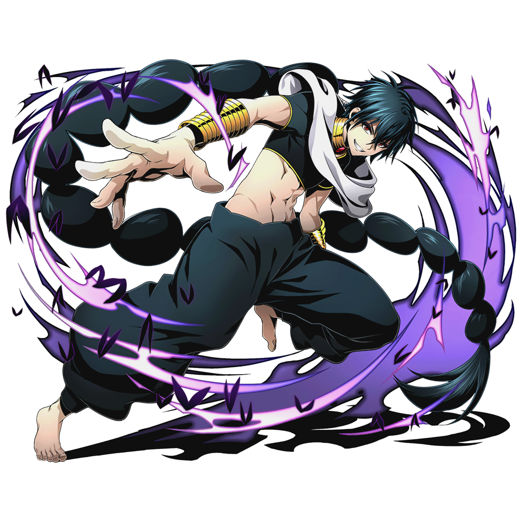 1boy absurdly_long_hair barefoot black_hair black_pants bracelet braid crop_top divine_gate full_body grin jewelry judal long_hair looking_at_viewer magi_the_labyrinth_of_magic midriff navel official_art one_leg_raised pants red_eyes shadow smile solo transparent_background ucmm very_long_hair