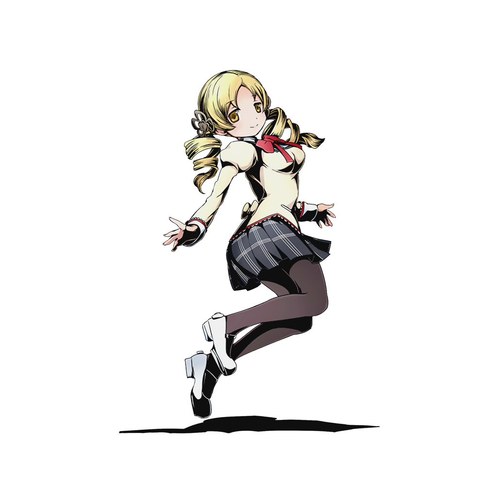 1girl black_legwear black_skirt blonde_hair bow bowtie divine_gate drill_hair eyebrows_visible_through_hair from_side full_body hair_ornament jumping long_hair looking_at_viewer mahou_shoujo_madoka_magica official_art pantyhose pleated_skirt red_bow school_uniform shadow skirt smile solo tomoe_mami transparent_background twin_drills ucmm yellow_eyes