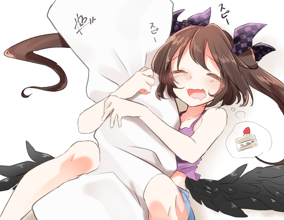 1girl abe_suke black_wings blush body_pillow brown_hair cake checkered closed_eyes dreaming drooling food himekaidou_hatate open_mouth slice_of_cake solo spoken_food tank_top thought_bubble touhou twintails wavy_mouth wings