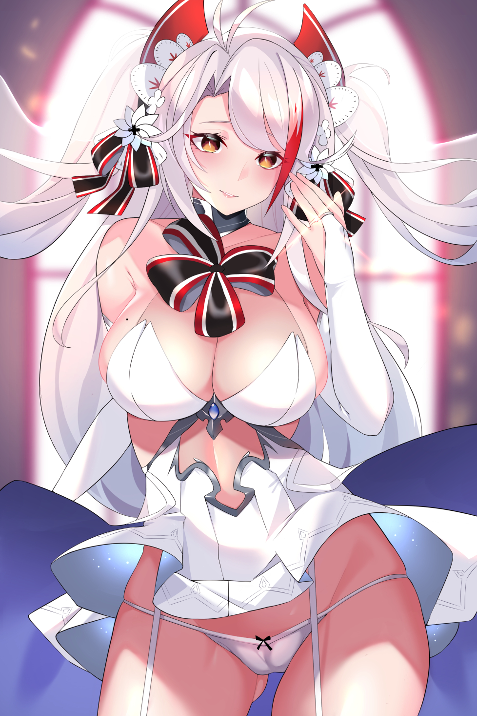 1girl antenna_hair azur_lane blush breasts bridal_gauntlets bridal_veil dress eyebrows_visible_through_hair garter_straps gloves headgear highres jewelry kaneko_(bblogtinhan) large_breasts long_hair looking_at_viewer mole mole_on_breast multicolored_hair panties prinz_eugen_(azur_lane) prinz_eugen_(symphonic_fate)_(azur_lane) ring silver_hair smile solo two_side_up underwear veil very_long_hair wedding_band wedding_dress white_dress white_panties