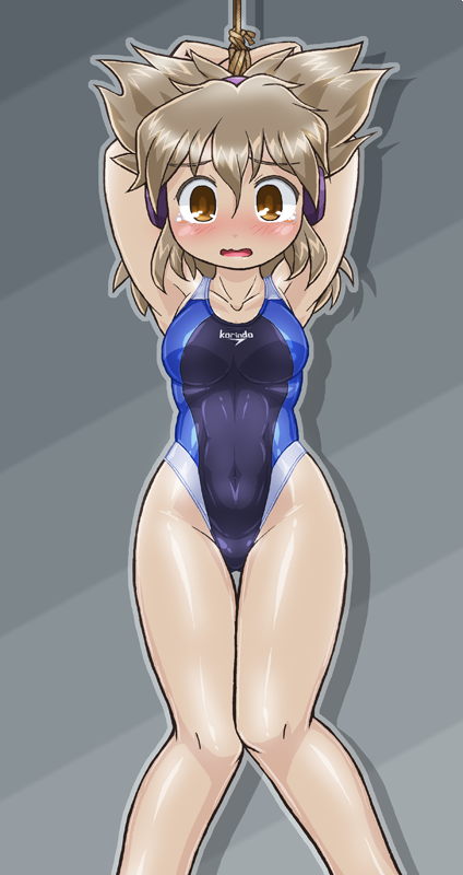 1girl bdsm blue_swimsuit blush bondage bound brown_eyes brown_hair competition_swimsuit earmuffs navel one-piece_swimsuit pointy_hair rope short_hair solo swimsuit thigh_gap touhou toyosatomimi_no_miko wavy_mouth winn