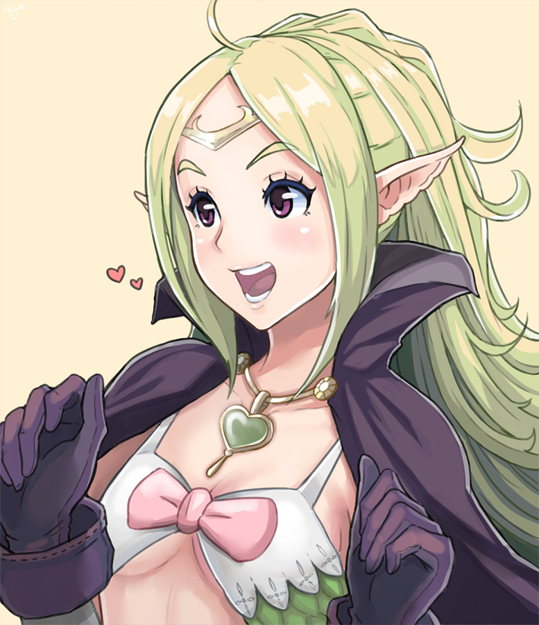 1girl :d ahoge artist_request bangs blush breasts cape circlet collarbone fire_emblem fire_emblem:_kakusei gem gloves green_hair heart long_hair looking_to_the_side nowi_(fire_emblem) open_mouth parted_bangs pointy_ears purple_gloves simple_background small_breasts smile solo upper_body violet_eyes yellow_background