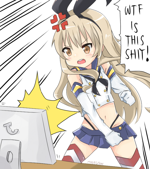 &gt;:o 1girl :o anger_vein angry animal_ears artist_name commentary_request english fake_animal_ears harurun_zw kantai_collection logo_parody monitor profanity punching shimakaze_(kantai_collection) solo speech_bubble