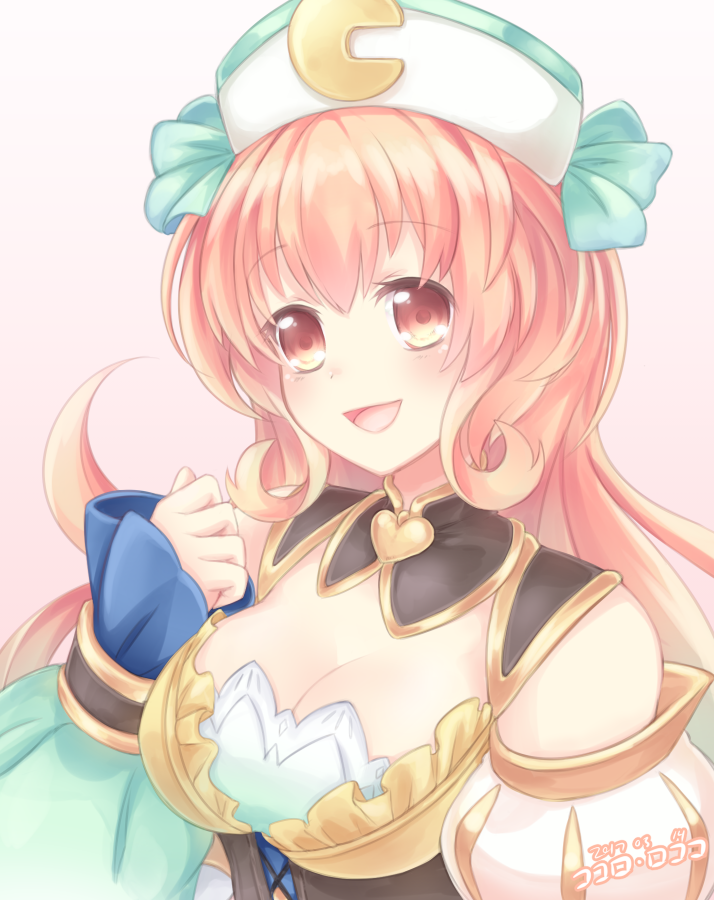 1girl bare_shoulders blonde_hair blush breasts choujigen_game_neptune cleavage compa four_goddesses_online:_cyber_dimension_neptune hair_ornament kokoro_rokoko large_breasts long_hair looking_at_viewer neptune_(series) open_mouth smile solo yellow_eyes