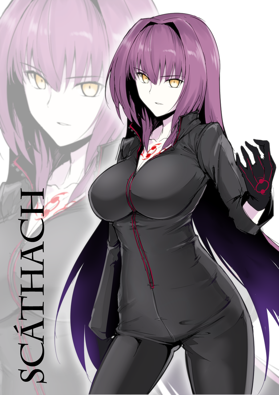 1girl black_bodysuit black_gloves bodysuit breasts character_name dark_persona fate/grand_order fate_(series) gloves harukon_(halcon) highres long_hair looking_at_viewer purple_hair scathach_(fate/grand_order) solo yellow_eyes zoom_layer