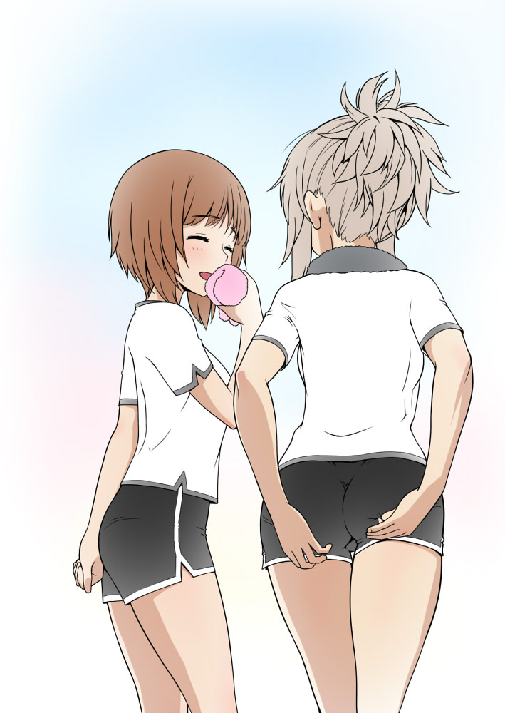 2girls adjusting_clothes adjusting_shorts alternate_hairstyle bangs black_shorts black_towel blue_eyes brown_hair closed_eyes closed_mouth cowboy_shot from_behind girls_und_panzer gym_shirt gym_uniform hair_up holding_towel iron_cross itsumi_erika looking_at_another multiple_girls nishizumi_miho open_mouth pink_towel shirt short_hair short_ponytail short_shorts short_sleeves shorts silver_hair simple_background smile standing t-shirt thigh_gap towel towel_around_neck wata_do_chinkuru wedgie white_background