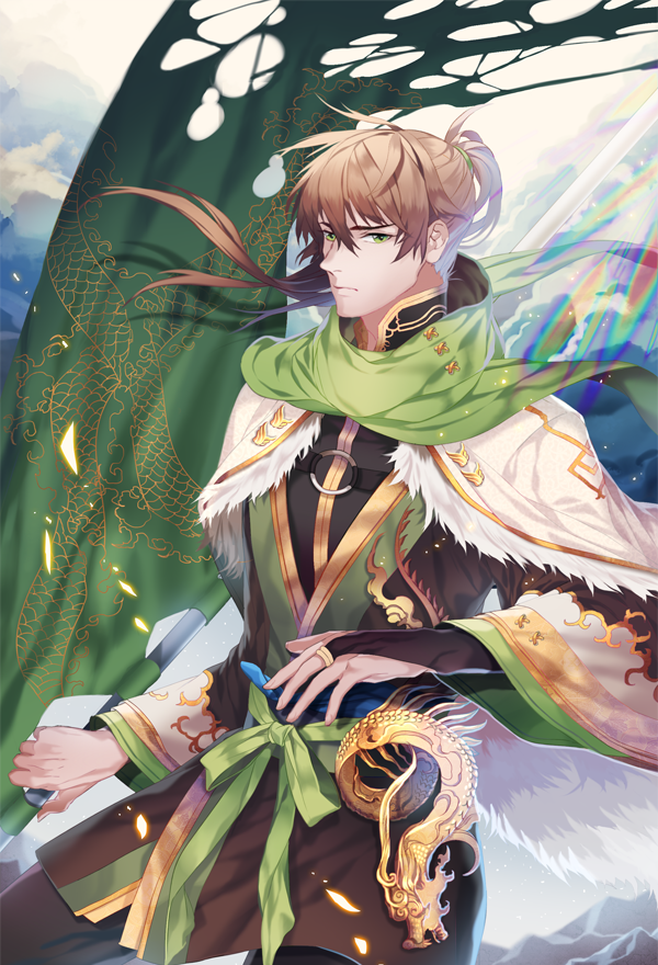 1boy black_pants capelet green_eyes green_scarf laurelfalcon light_brown_hair male_focus o-ring original pants ponytail sangokushi_taisen scarf solo standing tattered_flag