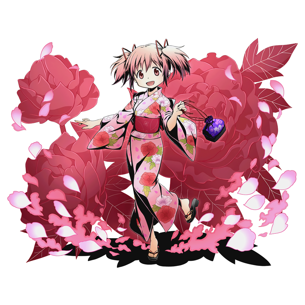 1girl cherry_blossoms divine_gate full_body hair_ribbon japanese_clothes kaname_madoka kimono looking_at_viewer mahou_shoujo_madoka_magica official_art one_leg_raised open_mouth pink_flower pink_hair pink_kimono red_eyes red_ribbon ribbon sash shadow short_hair short_twintails solo standing transparent_background twintails ucmm yukata