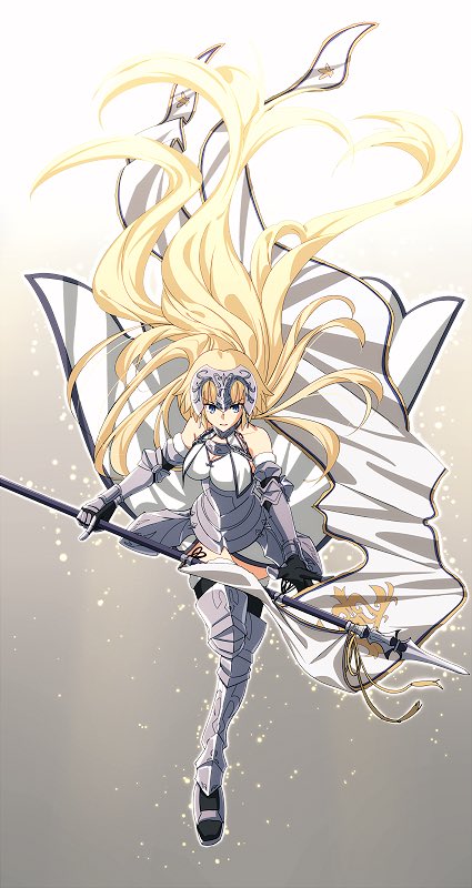 1girl armor armored_boots armored_dress blonde_hair blue_eyes boots braid breasts chietori fate/apocrypha fate_(series) faulds flag full_body gauntlets gradient gradient_background headpiece long_hair ruler_(fate/apocrypha) thigh-highs very_long_hair
