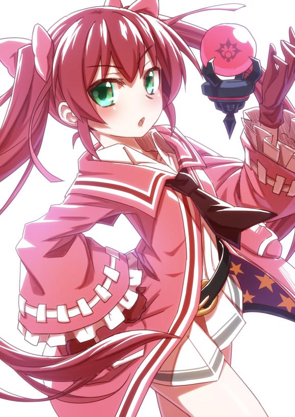 1girl alternate_costume armband blush gloves green_eyes hair_ornament looking_at_viewer mary_skelter mizunashi_(second_run) open_mouth oyayubihime_(mary_skelter) pink_hair solo twintails