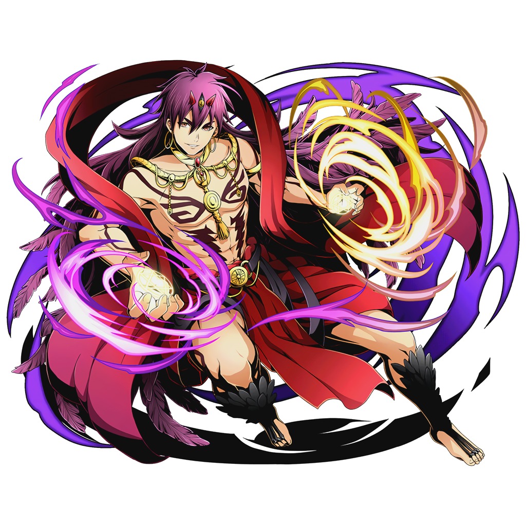 1boy absurdly_long_hair brown_eyes collarbone divine_gate feathers full_body hair_between_eyes long_hair looking_at_viewer magi_the_labyrinth_of_magic official_art purple_feathers purple_hair sinbad_(magi) solo tattoo transparent_background ucmm very_long_hair