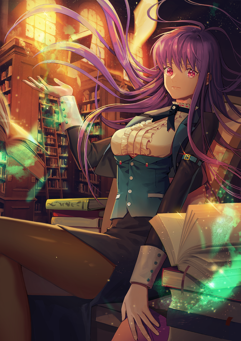 1girl :| bangs black_skirt book book_stack bookmark bookshelf brown_legwear center_frills closed_mouth fantasy floating_hair glint hand_up holding holding_book indoors ladder levitation library light_particles long_hair long_sleeves looking_at_viewer magic neck_ribbon open_book original pantyhose pencil_skirt pink_eyes purple_hair ribbon serious sitting skirt solo tg_(ttague) vest window