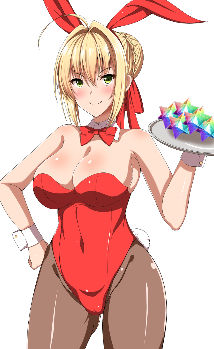 1girl ahoge animal_ears bare_shoulders blonde_hair blush bow bowtie breasts brown_legwear bunny_tail bunnysuit cleavage covered_navel cowboy_shot crystal detached_collar facing_viewer fate/extra fate_(series) green_eyes hair_bun hair_ribbon large_breasts leotard long_hair looking_at_viewer pantyhose rabbit_ears red_bow red_bowtie red_leotard red_ribbon ribbon saber_extra simple_background smile solo strapless strapless_leotard tail tray white_background wonawo wrist_cuffs