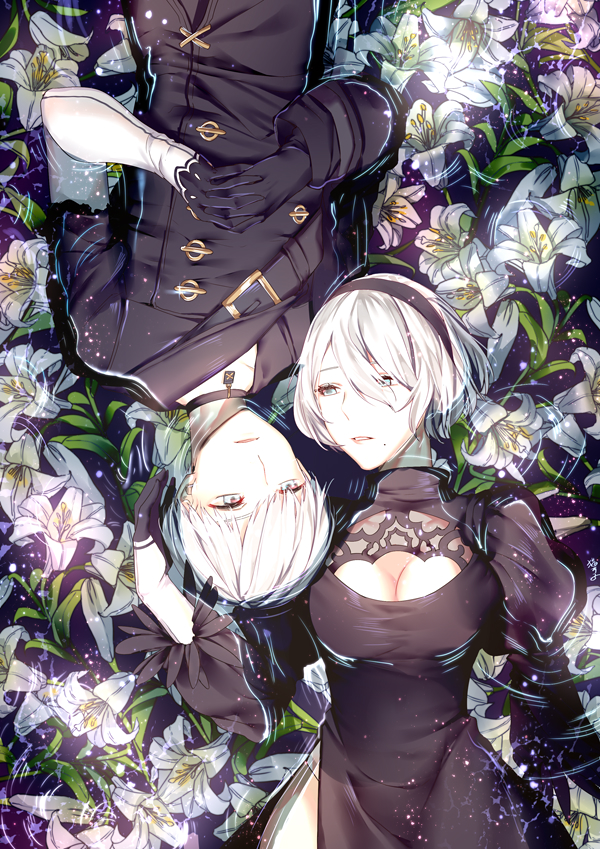 1boy 1girl bangs breasts choker cleavage cleavage_cutout dress flower gloves juliet_sleeves large_breasts long_sleeves looking_at_another lying maokezi nier_(series) nier_automata on_back partially_submerged puffy_sleeves ripples water white_hair yorha_no._2_type_b yorha_no._9_type_s