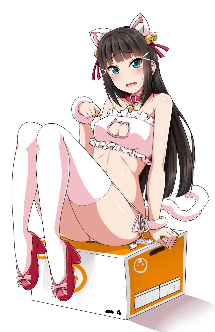 1girl animal_ears bangs bell bell_collar black_hair blunt_bangs blush bow box bra breasts cat_cutout cat_ears cat_lingerie cat_tail cleavage_cutout collar commentary_request embarrassed frilled_bra frills green_eyes hair_bell hair_ornament hair_ribbon high_heels highres jingle_bell kurosawa_dia long_hair looking_at_viewer love_live! love_live!_sunshine!! medium_breasts meme_attire midriff mole mole_under_mouth panties paw_pose pink_bow red_shoes ribbon shoes side-tie_panties sitting sitting_on_box solo tail thigh-highs underwear white_legwear wristband yopparai_oni