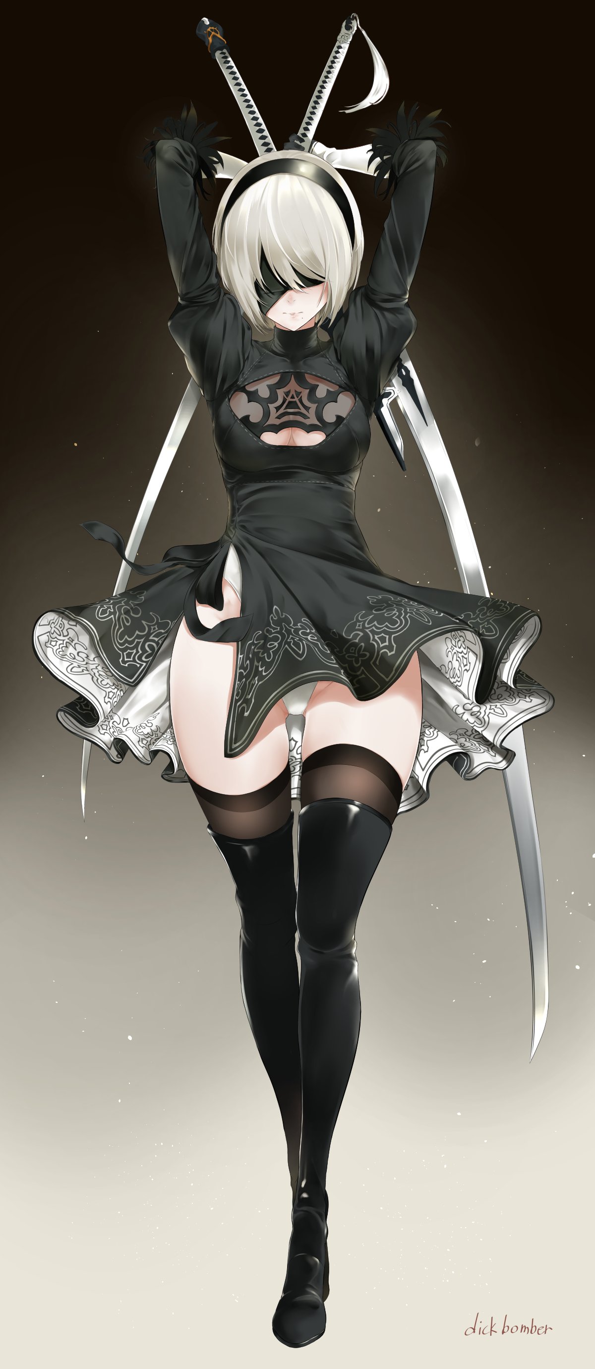 1girl absurdres arms_up artist_name bad_id black_dress black_legwear blindfold boots breasts cleavage dress full_body gloves gluteal_fold gradient gradient_background hairband highres katana leewh1515 leotard_under_clothes medium_breasts mole mole_under_mouth nier_(series) nier_automata short_dress short_hair side_slit silver_hair simple_background solo sword thigh-highs thigh_boots weapon yorha_no._2_type_b