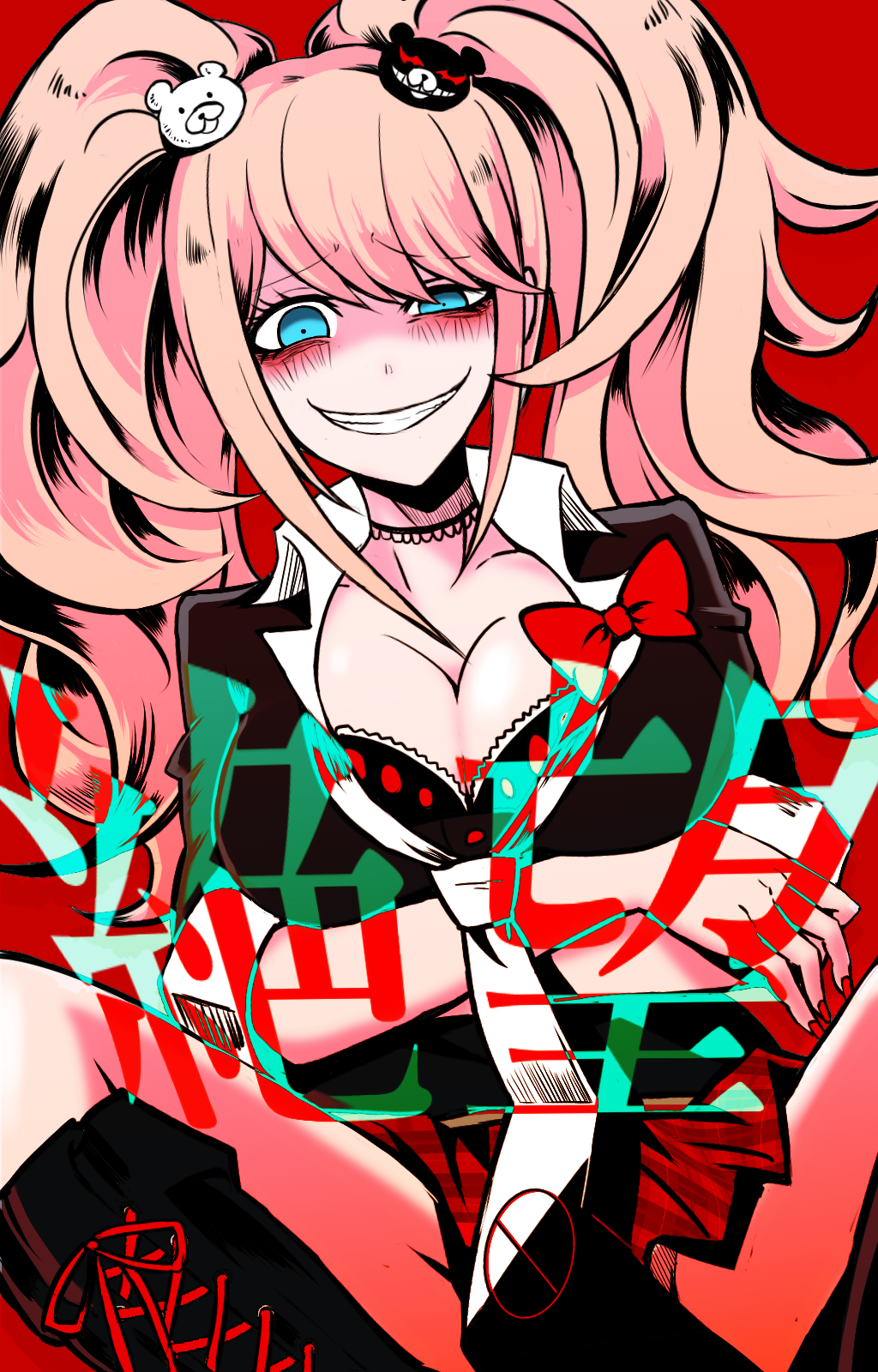 1girl bags_under_eyes blue_eyes boots bow breast_press breasts cleavage cross-laced_footwear dangan_ronpa enoshima_junko grin highres itosiki_zetu knees_apart_feet_together lace-trimmed_choker lace-up_boots looking_at_viewer miniskirt nail_polish pink_hair red_background red_bow red_nails simple_background sitting skirt smile smirk solo translation_request twintails