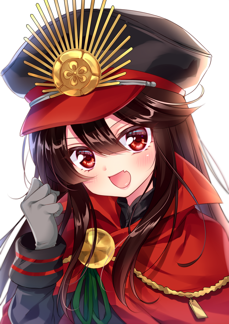 1girl aiguillette backlighting bangs black_hair blunt_bangs cloak demon_archer fang fate_(series) gloves grey_gloves hair_between_eyes hand_up hat koha-ace long_hair looking_at_viewer military military_uniform mitsuba_choco open_mouth peaked_cap red_eyes simple_background smile solo swept_bangs uniform upper_body white_background