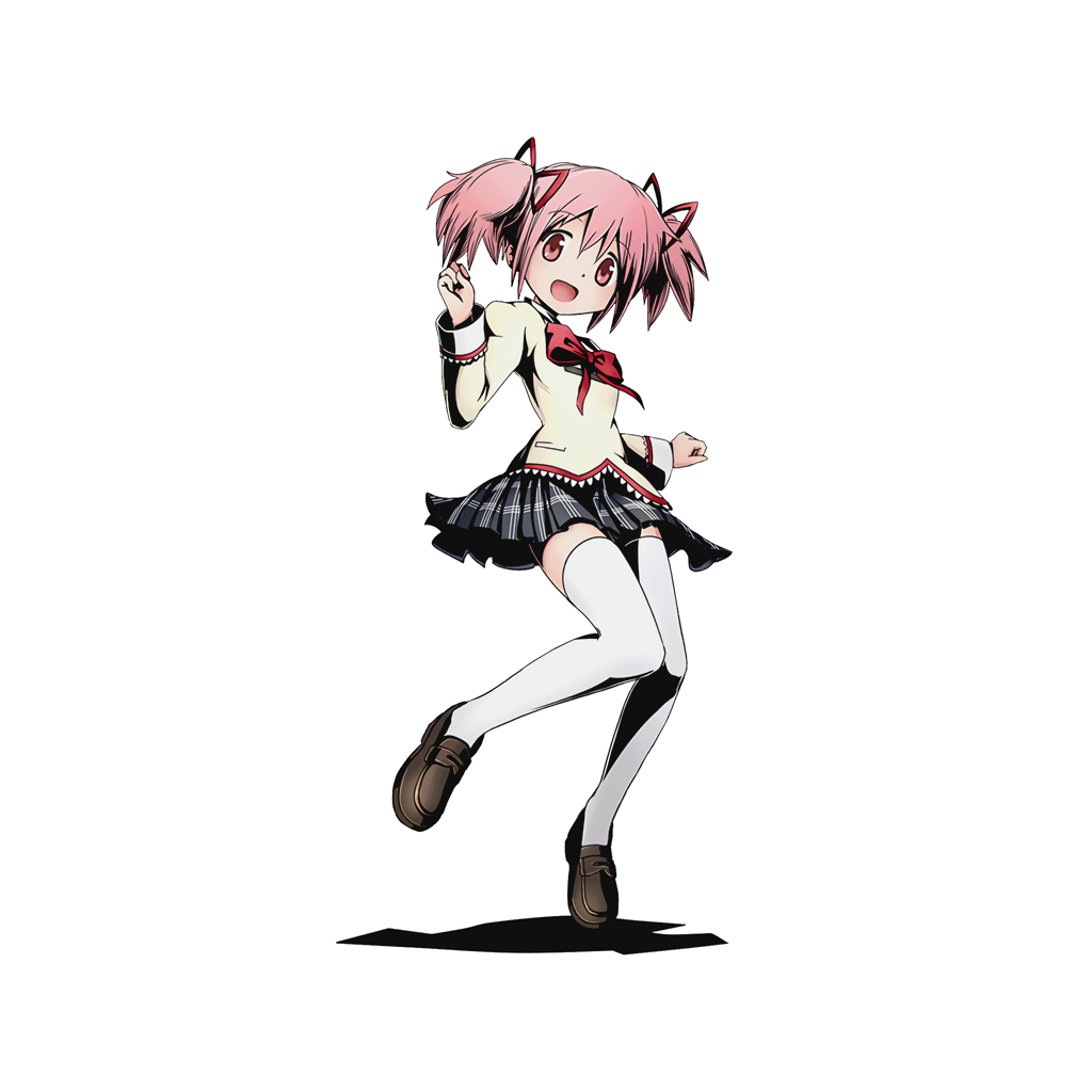 1girl black_skirt bow bowtie divine_gate eyebrows_visible_through_hair full_body hair_ribbon kaname_madoka long_hair looking_at_viewer mahou_shoujo_madoka_magica official_art open_mouth pink_eyes pink_hair pleated_skirt red_bow red_ribbon ribbon school_uniform shadow short_twintails skirt solo thigh-highs transparent_background twintails ucmm white_legwear zettai_ryouiki