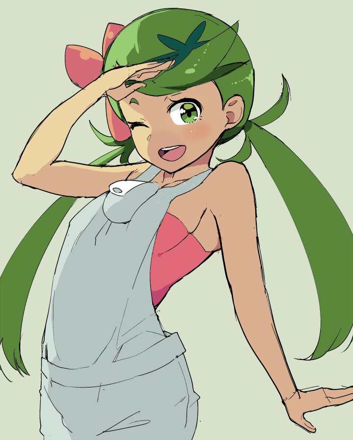 1girl ;d apron bare_shoulders blush breasts dark_skin eightman flower flower_on_head green_eyes green_hair grey_background hair_flower hair_ornament looking_at_viewer mallow_(pokemon) one_eye_closed open_mouth overalls pink_shirt pokemon pokemon_(game) pokemon_sm salute shirt sideboob simple_background sleeveless sleeveless_shirt smile solo trial_captain twintails