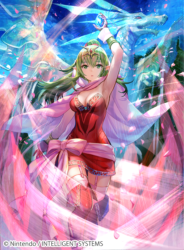 1girl armpits boots breasts cape chiki cleavage company_connection copyright_name dragon dress eyebrows_visible_through_hair fire_emblem fire_emblem:_kakusei fire_emblem_cipher fuji_choko garter_straps gloves green_eyes green_hair hair_ornament jewelry long_hair official_art outdoors petals pink_legwear pointy_ears ponytail ribbon short_dress sleeveless solo stone thigh-highs thigh_boots tiara zettai_ryouiki