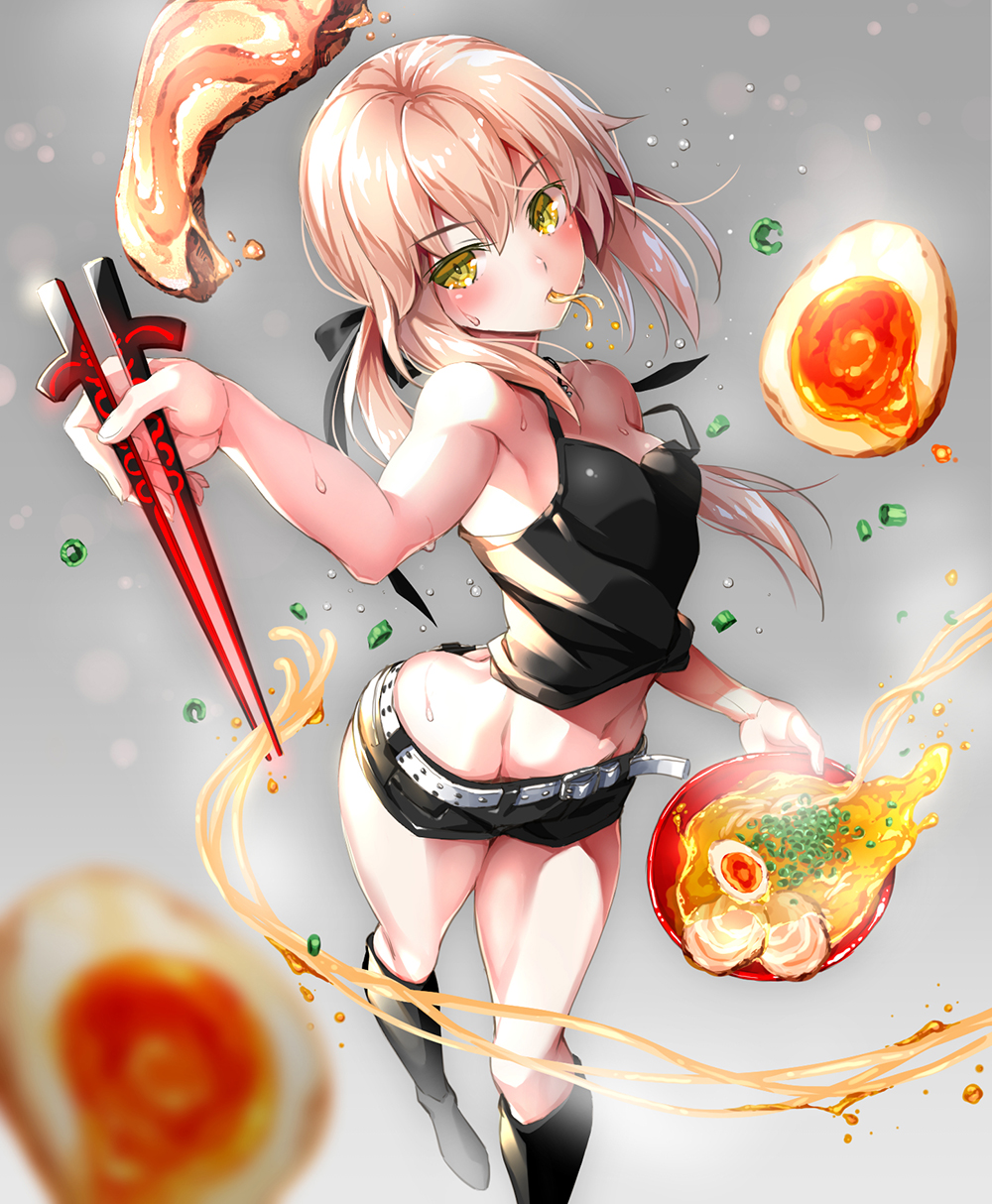 1girl adapted_object bare_shoulders blonde_hair blurry boots bowl butt_crack chopsticks commentary_request dark_excalibur depth_of_field eating egg fate/grand_order fate/stay_night fate_(series) food groin highres navel noodles pork ramen saber saber_alter short_hair short_shorts shorts solo soup suishougensou tank_top yellow_eyes