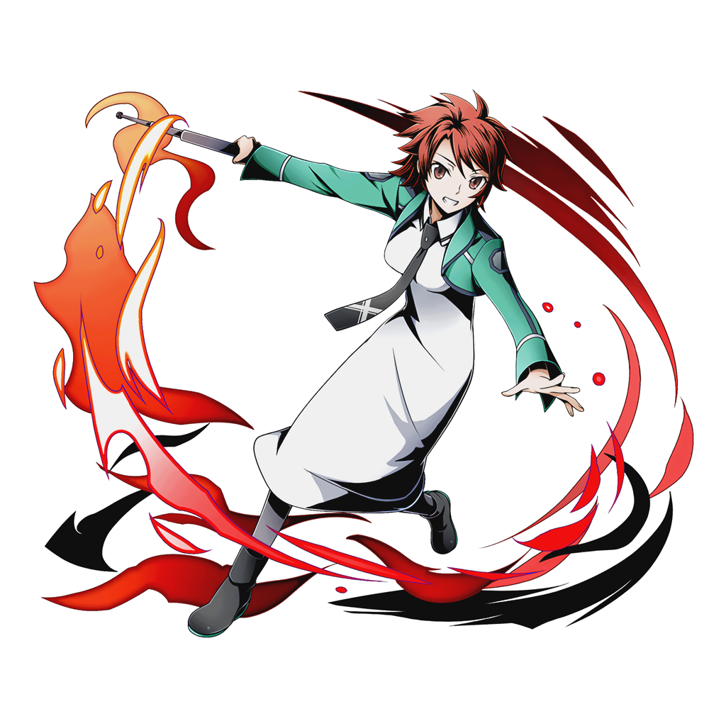 1girl black_necktie brown_eyes chiba_erika divine_gate dress fire full_body green_jacket grin holding jacket looking_at_viewer mahouka_koukou_no_rettousei necktie official_art redhead shadow short_hair smile solo spiky_hair transparent_background ucmm white_dress