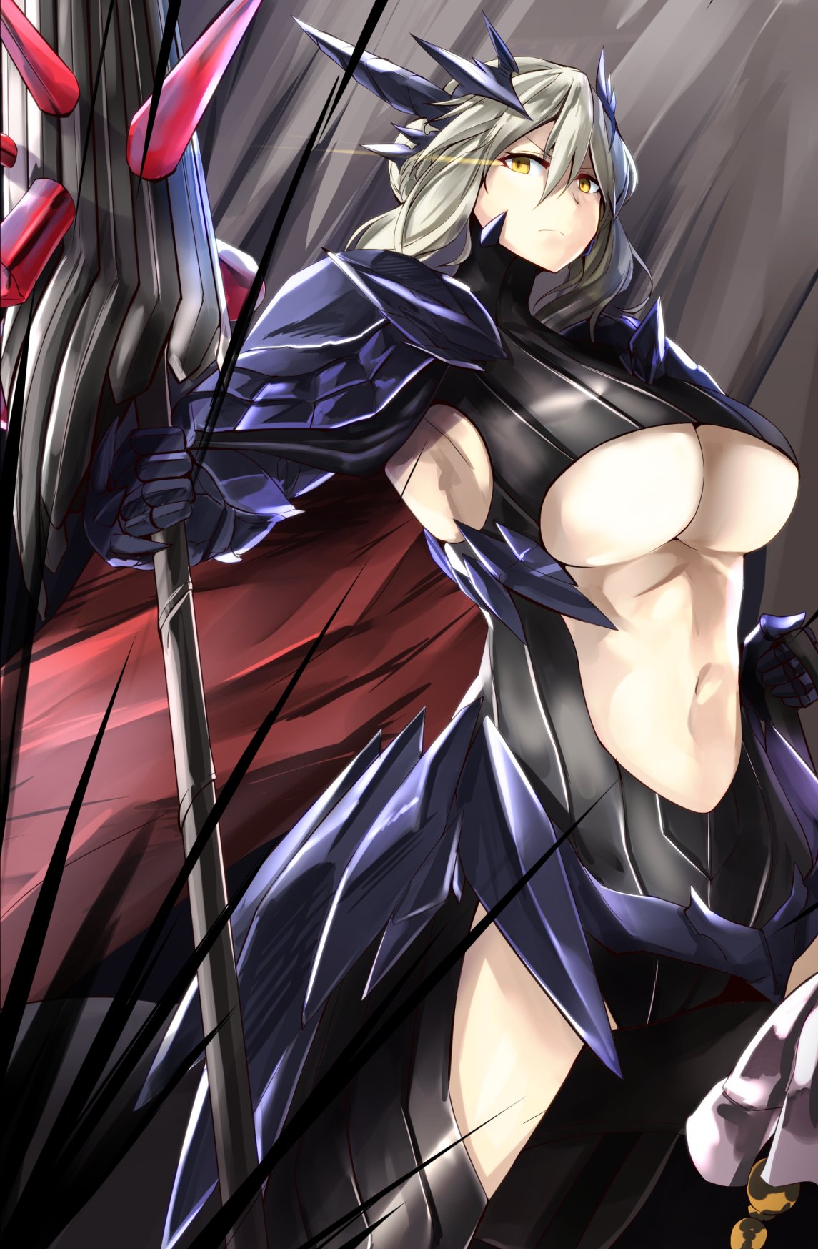 &gt;:( 1girl armor armored_dress armpits artoria_pendragon_alter_(fate/grand_order) breasts cleavage closed_mouth cowboy_shot elusya fate/grand_order fate_(series) from_side gauntlets hair_between_eyes highres holding holding_weapon horns large_breasts long_hair looking_at_viewer looking_to_the_side midriff navel pauldrons rhongomyniad saber saber_alter serious silver_hair solo stomach turtleneck under_boob weapon yellow_eyes