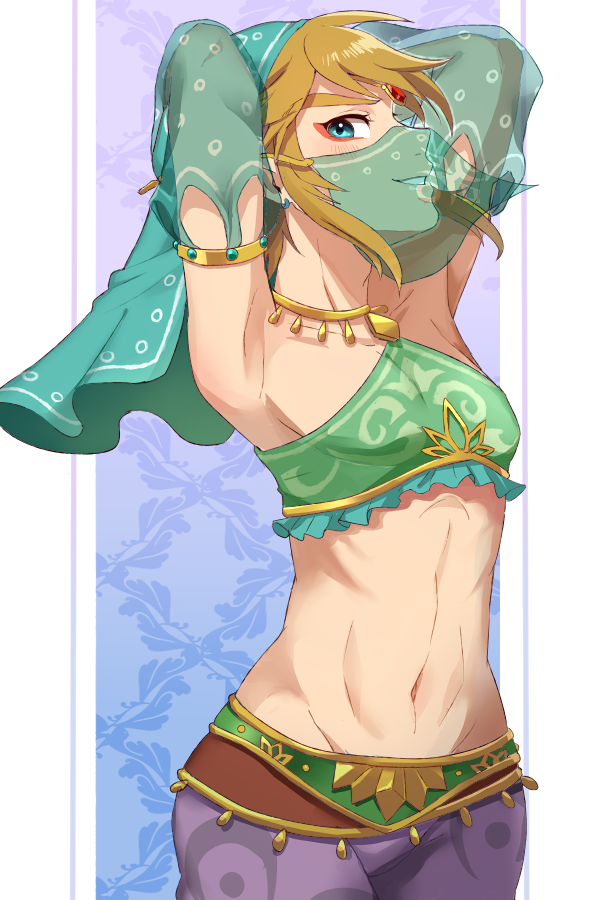 1boy alternate_costume armpits arms_behind_head blue_eyes brown_hair crossdressinging detached_sleeves gerudo_link link looking_at_viewer male_focus midriff navel riko_(sorube) see-through smile solo the_legend_of_zelda the_legend_of_zelda:_breath_of_the_wild toned toned_male trap veil