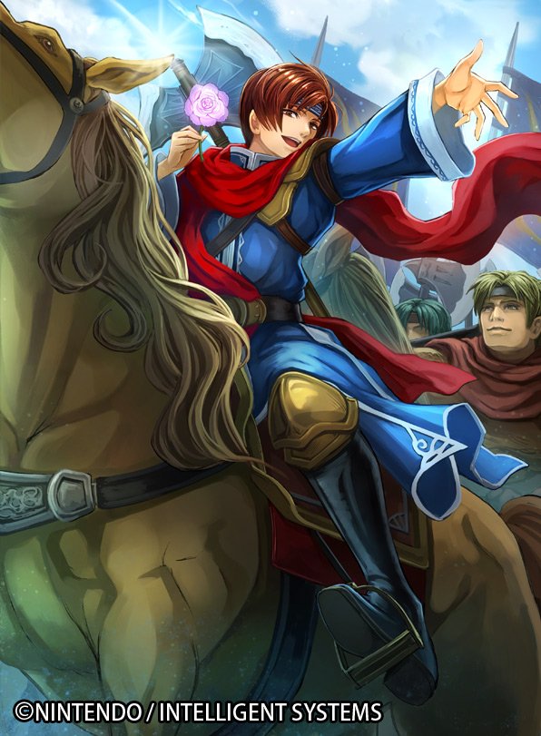 1boy axe belt boots brown_eyes brown_hair company_name fire_emblem fire_emblem:_seisen_no_keifu fire_emblem_cipher flag flower headband horse johan_(fire_emblem) male_focus nekobayashi official_art open_mouth sky solo teeth weapon