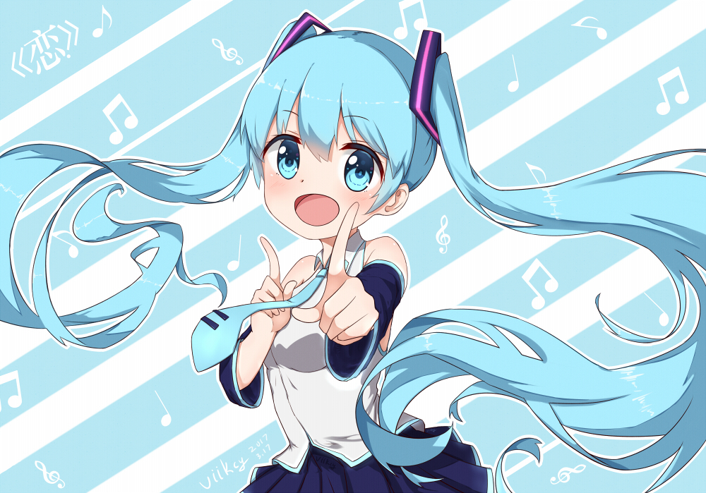 1girl :d artist_name bare_shoulders beamed_quavers blue_eyes blue_hair blue_skirt breasts collared_shirt detached_sleeves diagonal_stripes eyebrows_visible_through_hair foreshortening hair_ornament hatsune_miku index_finger_raised long_hair long_sleeves looking_at_viewer medium_breasts musical_note open_mouth outstretched_arm pleated_skirt pose quaver reflective_eyes shiny shiny_hair shirt skirt sleeveless sleeveless_shirt smile solo striped striped_background tareme treble_clef twintails very_long_hair viikcy vocaloid white_shirt wing_collar
