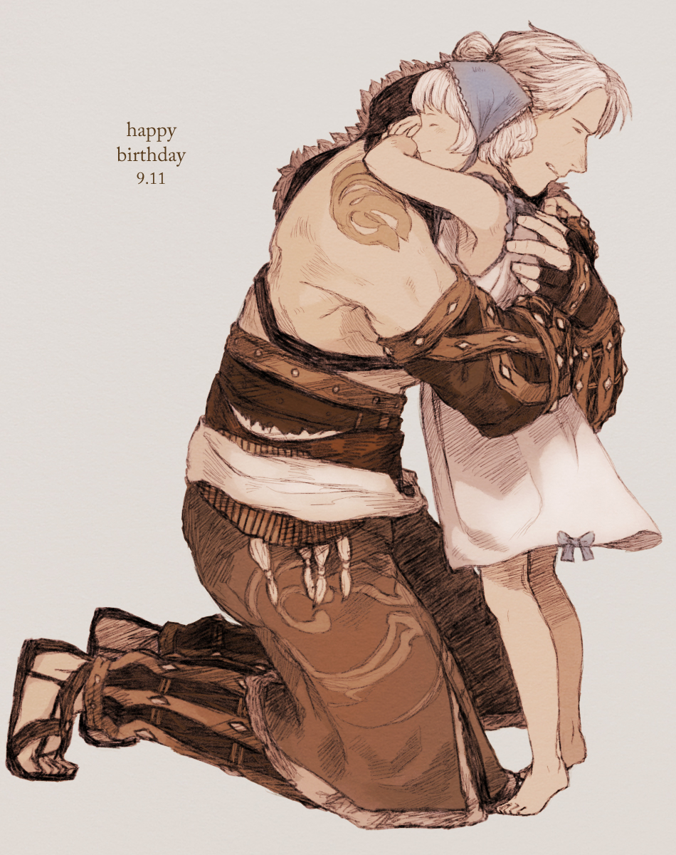 1boy 1girl closed_mouth commentary_request dress father_and_daughter feet happy_birthday highres maekakekamen nier nier_(old) nier_(series) short_hair silver_hair simple_background smile white_hair yonah