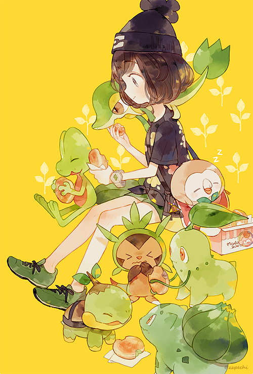 &gt;_&lt; 1girl ^_^ bag bangs baozi bare_legs beanie black_hat black_shirt brown_hair bulbasaur chespin chikorita closed_eyes creature_on_shoulder eating fang feeding female_protagonist_(pokemon_sm) floral_print food green_shoes hat leaf no_socks pechika plant pokemon pokemon_(creature) pokemon_(game) pokemon_sm red_eyes rowlet shirt shoes short_hair short_sleeves shoulder_bag sitting smile snivy tied_shirt treecko turtwig twitter_username vines watch watch wavy_mouth yellow_background zzz